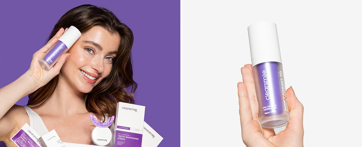 Model met Clearsmile whitening strips in de paarse merkkleur