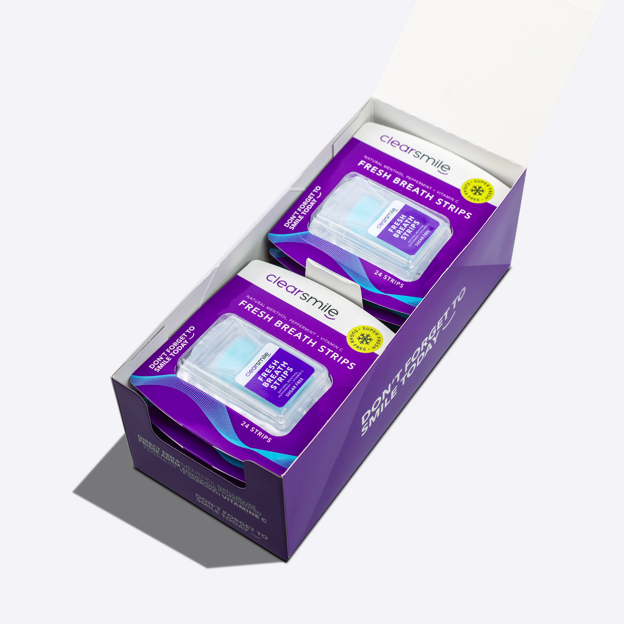 Geopende doos van de Clearsmile Fresh Breath Strips