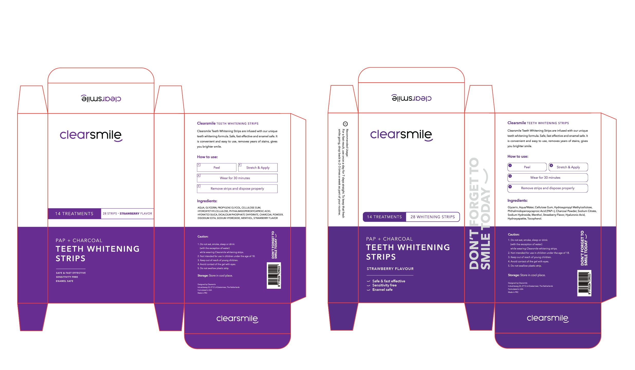 Uitgevouwen doos van de Clearsmile whitening strips: links het origineel uit 2021, rechts de refresh uit 2025